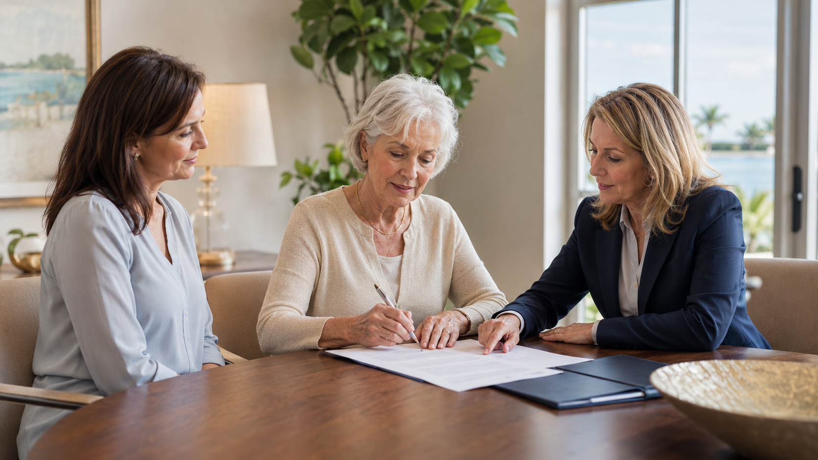 Older woman reviewing and signing estate-planning documents with her attorney and family caregiver in Florida.